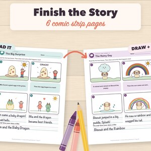 Puede incluir: Dos hojas de actividades imprimibles tituladas Finish the Story con 6 p&aacute;ginas de tiras c&oacute;micas. Las hojas incluyen paneles para leer, dibujar y escribir historias sobre un drag&oacute;n y un cachorro. Tres crayones en morado, rojo y amarillo.