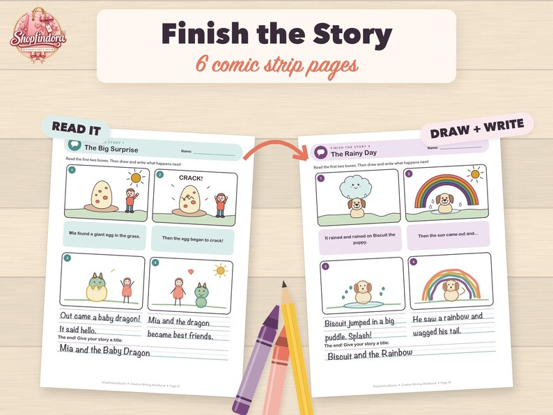 Puede incluir: Dos hojas de actividades imprimibles tituladas Finish the Story con 6 p&aacute;ginas de tiras c&oacute;micas. Las hojas incluyen paneles para leer, dibujar y escribir historias sobre un drag&oacute;n y un cachorro. Tres crayones en morado, rojo y amarillo.