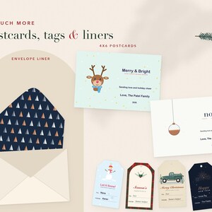 May include: A collection of holiday stationery including an envelope with a dark blue liner featuring a geometric tree pattern, two 4x6 postcards with reindeer and ornament graphics, and four gift tags with snowman, truck, and festive designs.