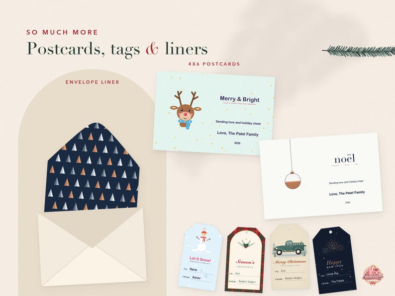 May include: A collection of holiday stationery including an envelope with a dark blue liner featuring a geometric tree pattern, two 4x6 postcards with reindeer and ornament graphics, and four gift tags with snowman, truck, and festive designs.
