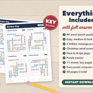 Puede incluir: Un conjunto de hojas de sopas de letras imprimibles con claves de respuestas. El texto incluye 'Everything Included with full answer keys', '40 word search puzzles', 'Easy, medium & hard levels', '2 hidden message puzzles', 'Christmas word scramble', 'How-to & tips page', 'Puzzle tracker', '11 answer key pages', 'Every puzzle computer-checked', '58 pages in total' e 'INSTANT DOWNLOAD'.