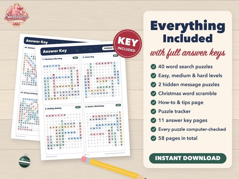 Puede incluir: Un conjunto de hojas de sopas de letras imprimibles con claves de respuestas. El texto incluye 'Everything Included with full answer keys', '40 word search puzzles', 'Easy, medium & hard levels', '2 hidden message puzzles', 'Christmas word scramble', 'How-to & tips page', 'Puzzle tracker', '11 answer key pages', 'Every puzzle computer-checked', '58 pages in total' e 'INSTANT DOWNLOAD'.