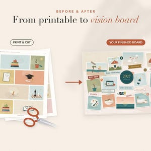 May include: A printable vision board kit featuring a sheet of paper with various illustrated icons and a finished vision board display. The text reads BEFORE & AFTER, From printable to vision board, PRINT & CUT, YOUR FINISHED BOARD, and 2027.