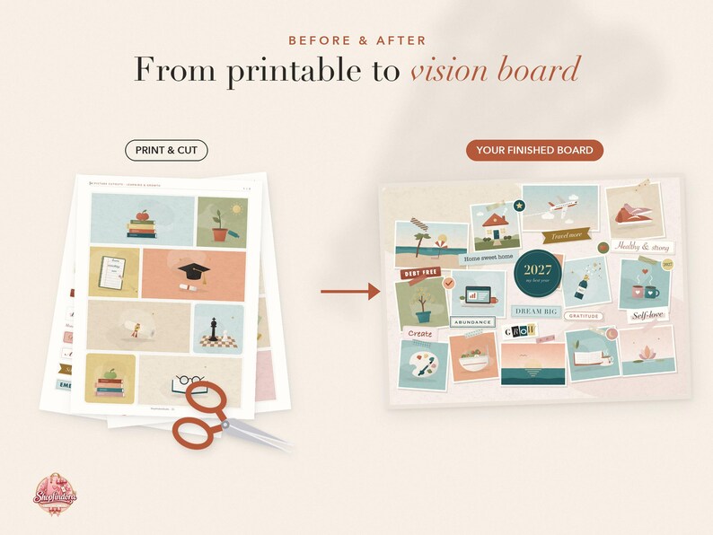 May include: A printable vision board kit featuring a sheet of paper with various illustrated icons and a finished vision board display. The text reads BEFORE & AFTER, From printable to vision board, PRINT & CUT, YOUR FINISHED BOARD, and 2027.