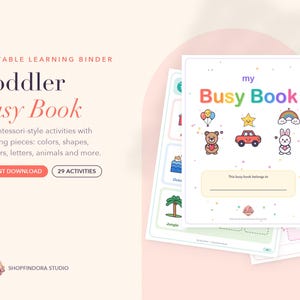 Op de afbeelding: Een printbare leeromslag getiteld My Busy Book met kleurrijke illustraties van ballonnen, een ster, een regenboog, een teddybeer, een auto en een konijn. De omslag bevat een ruimte voor een naam en 29 activiteiten met bijpassende onderdelen.