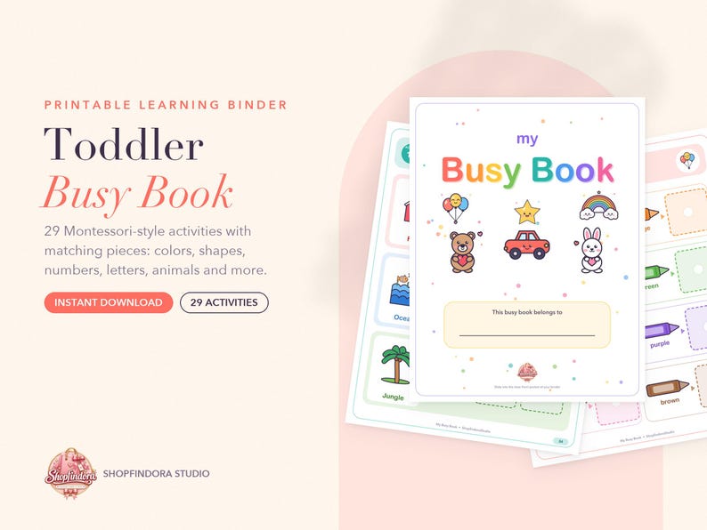 Op de afbeelding: Een printbare leeromslag getiteld My Busy Book met kleurrijke illustraties van ballonnen, een ster, een regenboog, een teddybeer, een auto en een konijn. De omslag bevat een ruimte voor een naam en 29 activiteiten met bijpassende onderdelen.