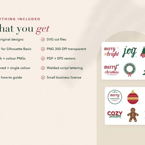 Op de afbeelding: Een digitale collectie van 30 kerstontwerpen in SVG, DXF, PNG, PDF en EPS-bestandsformaten. De tekst luidt What you get, 30 original designs, SVG cut files, DXF for Silhouette Basic, PNG 300 DPI transparent, PDF + EPS vectors, Layered + single colour, Welded script lettering, PDF how-to guide en Small business license. De afbeeldingen bevatten een rode vrachtwagen, krans, kerstboom, kerstbal, want, peperkoekmannetje en een sneeuwvlok.