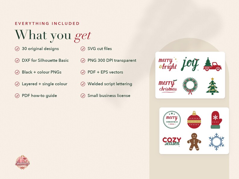 Op de afbeelding: Een digitale collectie van 30 kerstontwerpen in SVG, DXF, PNG, PDF en EPS-bestandsformaten. De tekst luidt What you get, 30 original designs, SVG cut files, DXF for Silhouette Basic, PNG 300 DPI transparent, PDF + EPS vectors, Layered + single colour, Welded script lettering, PDF how-to guide en Small business license. De afbeeldingen bevatten een rode vrachtwagen, krans, kerstboom, kerstbal, want, peperkoekmannetje en een sneeuwvlok.