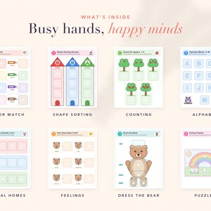 Op de afbeelding: Een verzameling van acht educatieve werkbladen met de titel "Busy hands, happy minds" met taken zoals kleuren matchen, vormen sorteren, appels tellen, alfabet, dierenhabitats, gevoelens van beren, een beer aankleden en een regenboogpuzzel.