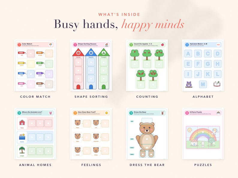 Op de afbeelding: Een verzameling van acht educatieve werkbladen met de titel "Busy hands, happy minds" met taken zoals kleuren matchen, vormen sorteren, appels tellen, alfabet, dierenhabitats, gevoelens van beren, een beer aankleden en een regenboogpuzzel.