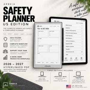 Può includere: Un pianificatore di sicurezza digitale per tablet con il testo Arbeia Safety Planner US Edition. Il display mostra un elenco di attività giornaliere per il 16 ottobre 2026, insieme a un menu con sezioni per ispezioni e rischi.