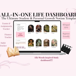 Pode incluir: Um modelo digital Notion intitulado ALL-IN-ONE LIFE DASHBOARD exibido na tela de um laptop. A interface inclui um rastreador de exames, finanças e hábitos, vários widgets baseados em imagens e um ícone de um livro aberto.