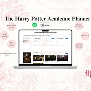 Könnte beinhalten: Ein digitaler akademischer Planer für Notion auf einem Laptop-Bildschirm mit dem Titel The Hogwarts Academic Planner. Er enthält Bereiche für einen Buch-Tracker, Gewohnheits-Tracker, wöchentlichen Stundenplan, Tagesplaner und Harry Potter-Fotos.