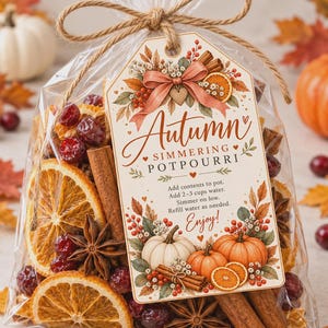 Könnte beinhalten: Ein durchsichtiger Plastikbeutel gefüllt mit getrockneten Orangenscheiben, Zimtstangen, Sternanis und roten Beeren. Ein mit Bindfaden befestigtes Etikett trägt die Aufschrift Autumn Simmering Potpourri mit einer Anleitung.
