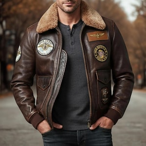 Męska brązowa skórzana kurtka typu bomber z kołnierzem ze sztucznego kożucha, kurtka lotnicza typu aviator, zabytkowa kurtka motocyklowa