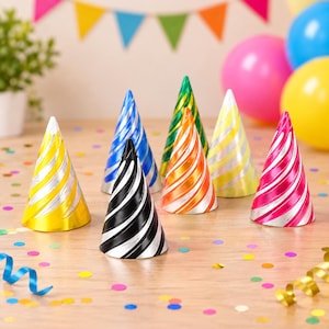 May include: A collection of seven conical party hats in various metallic colors including yellow, blue, black, green, orange, white, and pink. Each hat features a distinct diagonal spiral pattern in silver, creating a shiny, reflective surface.