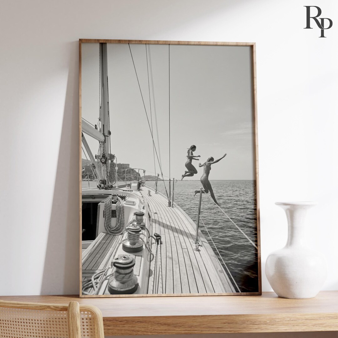 Women Jump off Sailboat Print, Riviera Summer Black and White Wall Art ...