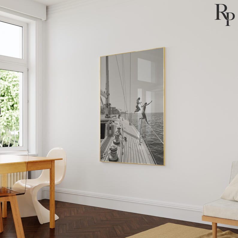 Women Jump off Sailboat Print, Riviera Summer Black and White Wall Art ...