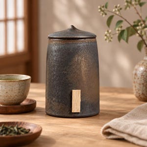 Pode incluir: Um recipiente cilíndrico de cerâmica para chá com um esmalte metálico manchado em preto e bronze. O recipiente possui uma tampa abobadada a condizer e uma pequena aba retangular de madeira clara fixada verticalmente na frente.