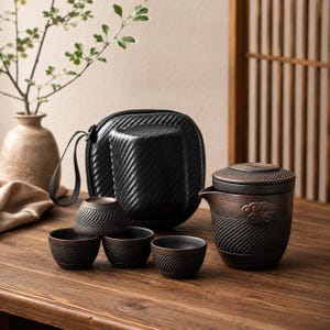 Peut inclure: Un service à thé en céramique brun foncé comprenant une théière à couvercle avec un bec verseur et trois petites tasses assorties. Chaque pièce présente un motif texturé à côtes diagonales. Un étui de transport noir, semi-rigide et zippé est inclus.