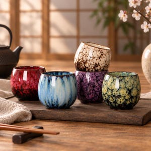 Pode incluir: Um conjunto de cinco pequenas chávenas de chá em cerâmica de formato redondo com esmaltes reativos multicoloridos únicos. As chávenas apresentam padrões distintos em vermelho, azul, roxo, amarelo e creme, com acabamento brilhante.