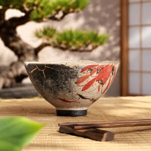 Japanese Kintsugi Ceramic Bowl, Wabi Sabi Tea Cup, Red Floral Vintage Style Pottery, Tea Lover Gift