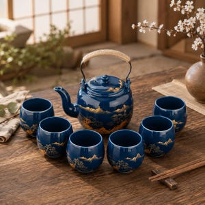 Puede incluir: Un juego de té de cerámica azul profundo que consta de una tetera con asa trenzada y seis tazas redondeadas a juego. Cada pieza presenta una ilustración de paisaje en color dorado que representa montañas y árboles.