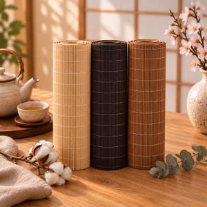 Peut inclure: Trois tapis en bambou cylindriques disposés verticalement, côte à côte, dans des tons beige clair, brun foncé et brun moyen. Chaque tapis présente un design à lattes verticales maintenues par de fins fils blancs horizontaux en grille.