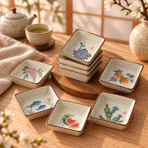 Pode incluir: Um conjunto de pratos quadrados de cerâmica com acabamento creme salpicado e bordas castanhas. Cada prato apresenta um design único pintado à mão, incluindo uma flor azul, laranjas, dois peixes azuis, fatias de melancia e um cacto.