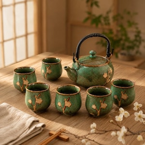 Può includere: Un set da tè in ceramica composto da una teiera rotonda con manico intrecciato nero e cinque tazze abbinate. I pezzi presentano uno smalto verde screziato con motivi in rilievo di rami fioriti di colore chiaro sulla superficie.
