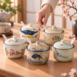 Peut inclure: Un ensemble de cinq pots à condiments en céramique avec couvercles et cuillères assortis. Chaque pot présente des motifs peints à la main, notamment des oiseaux sur des branches, des feuilles d'automne, des poissons et des fleurs.