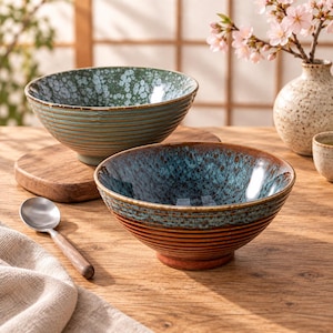 Pode incluir: Duas tigelas de cerâmica com texturas exteriores estriadas. A tigela da frente apresenta um interior brilhante salpicado de azul e castanho com uma base castanha sólida. A tigela de trás tem um interior salpicado de verde e branco com um exterior estriado em azul-petróleo. Uma colher de metal.