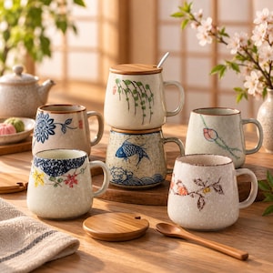 May include: A collection of ceramic mugs with speckled off-white finishes, each featuring unique hand-painted designs including a blue fish, floral patterns, and autumn leaves. Several mugs include matching wooden lids and a small wooden spoon.