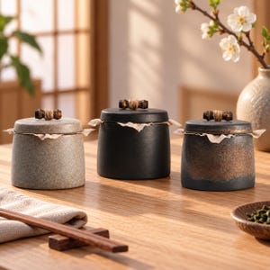 Può includere: Tre barattoli cilindrici in ceramica con coperchio, ciascuno dotato di una piccola maniglia in legno avvolta da spago e una guarnizione in tessuto chiaro tra il coperchio e la base. Finiture in beige maculato, nero opaco e nero bronzo.