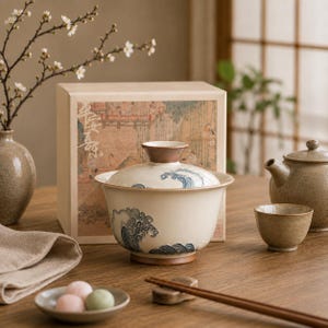 May include: A ceramic gaiwan tea bowl with a lid, featuring a cream-colored base and blue wave patterns. The bowl sits in front of a square box decorated with a traditional illustration and Chinese characters, accompanied by a small tea cup.