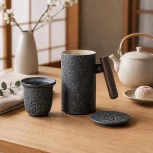 Pode incluir: Uma caneca de chá de cerâmica cinza-escura salpicada com corpo cilíndrico, uma alça reta de madeira escura, um infusor de chá removível a condizer com pequenos orifícios de drenagem e uma tampa circular de cerâmica com acabamento texturizado.
