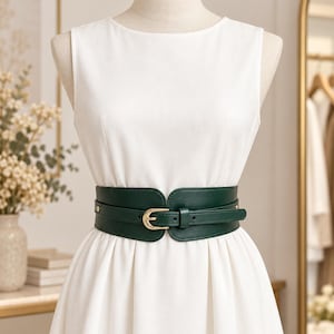 Peut inclure: Une large ceinture de taille vert forêt foncé avec une finition lisse, une boucle en métal doré et un passant assorti. La ceinture est serrée autour de la taille d'une robe blanche unie sans manches, créant une silhouette définie par son design structuré.