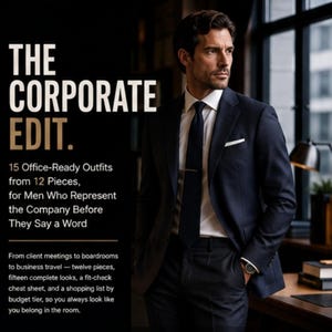 Può includere: Una giacca da abito blu navy scuro, camicia bianca e cravatta scura con fermacravatta dorato. Il testo recita: THE CORPORATE EDIT. 15 Office-Ready Outfits from 12 Pieces, for Men Who Represent the Company Before They Say a Word. From client meetings.