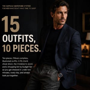 Può includere: Un blazer blu navy scuro indossato sopra una maglia nera con pantaloni grigi e un orologio da polso. Il testo recita: THE CAPSULE WARDROBE SYSTEM FOR MEN WHO DON'T HAVE TIME TO SHOP. 15 OUTFITS, 10 PIECES. Ten pieces. Fifteen complete, illustrated outfits.