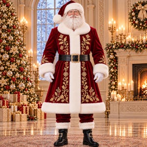 Può includere: Un costume da Babbo Natale composto da un cappotto in velluto rosso intenso e pantaloni abbinati con un bordo in pelliccia sintetica bianca. Il cappotto è decorato con motivi floreali dorati ricamati, una cintura nera e guanti bianchi.