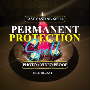 May include: A dark gray stone bowl containing a central pink candle and three small tea light candles, surrounded by dark purple rose petals. The text reads FAST CASTING SPELL, PERMANENT PROTECTION Spell, PHOTO + VIDEO PROOF, and FREE RECAST.