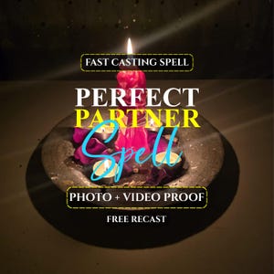 May include: A dark gray circular bowl containing a bright pink pillar candle and three small white tea light candles surrounded by dark purple flower petals. Text overlays read FAST CASTING SPELL, PERFECT PARTNER SPELL, PHOTO + VIDEO PROOF, FREE RECAST.