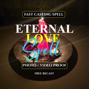 May include: A dark, circular metal bowl containing a central red pillar candle and three smaller tea light candles, surrounded by purple fabric scraps. Text overlays read FAST CASTING SPELL, ETERNAL LOVE SPELL, PHOTO + VIDEO PROOF, and FREE RECAST.