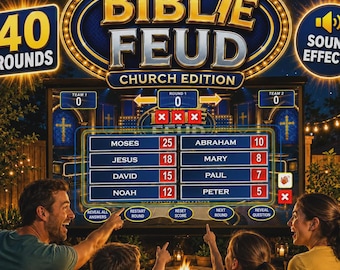 May include: The Bible Feud Church Edition game screen displays a scoreboard with names like Moses, Jesus, David, Noah, Abraham, Mary, Paul, and Peter, each with corresponding point values. The interface includes buttons for game controls.