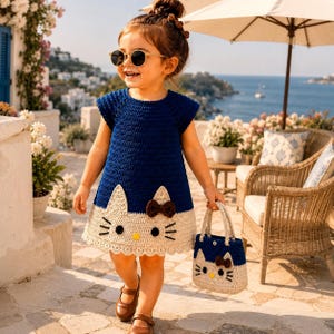 Puede incluir: Un vestido de ganchillo azul oscuro con un dobladillo color crema que presenta un diseño de cara de gato, incluyendo un lazo marrón, bigotes negros y una nariz amarilla. El vestido se combina con un bolso de ganchillo a juego en crema y azul.