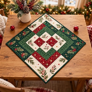 Patrón de mantel individual acolchado navideño, patchwork de acebo, bayas y ramas de pino (descarga digital)