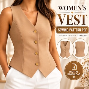 May include: A sleeveless tan vest featuring a V-neckline and four gold-toned buttons. The image includes text reading WOMEN'S VEST SEWING PATTERN PDF TAILORED FITTED TIMELESS and DIGITAL DOWNLOAD, along with front and back views of the garment.