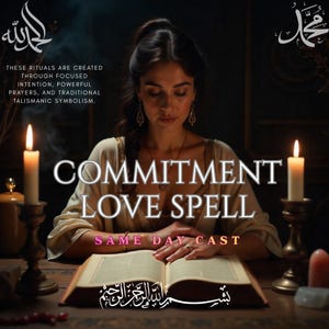 May include: A person with dark hair sits behind an open book, flanked by two lit candles in brass holders. Text reads: COMMITMENT LOVE SPELL, SAME DAY CAST, THESE RITUALS ARE CREATED THROUGH FOCUSED INTENTION, POWERFUL PRAYERS, AND TRADITIONAL TALISMANIC SYMBOLISM.