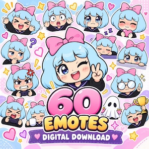 60 gestos de chicas chibi de pelo azul, expresiones de anime kawaii (descarga digital)