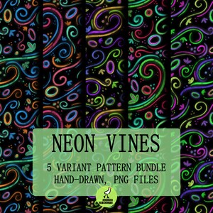 May include: A digital pattern bundle featuring five variations of hand-drawn neon vines on a black background. The designs include colourful swirls, loops, and small leaf shapes in bright pink, blue, green, and orange. Text reads NEON VINES.